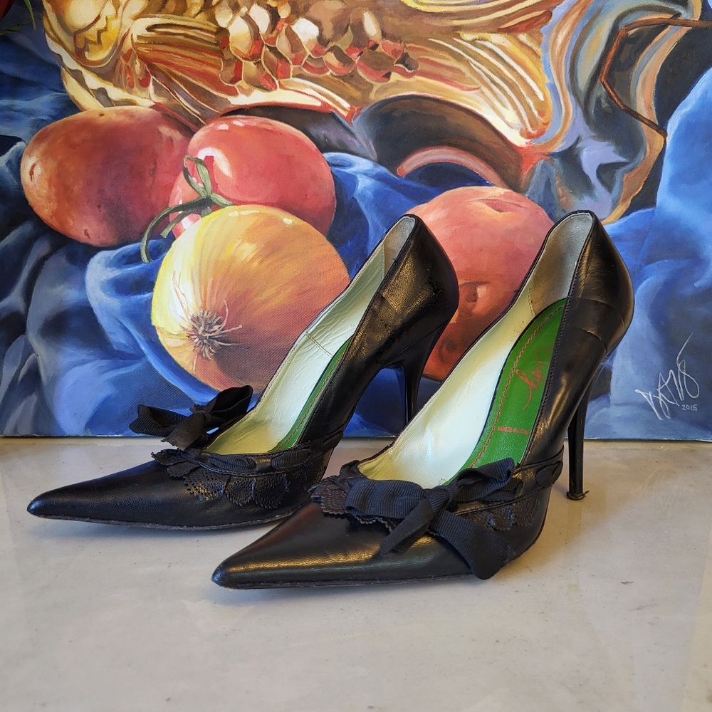 Vintage Black Miss Sixty Pointed Toe Stilettos with bow, size 38